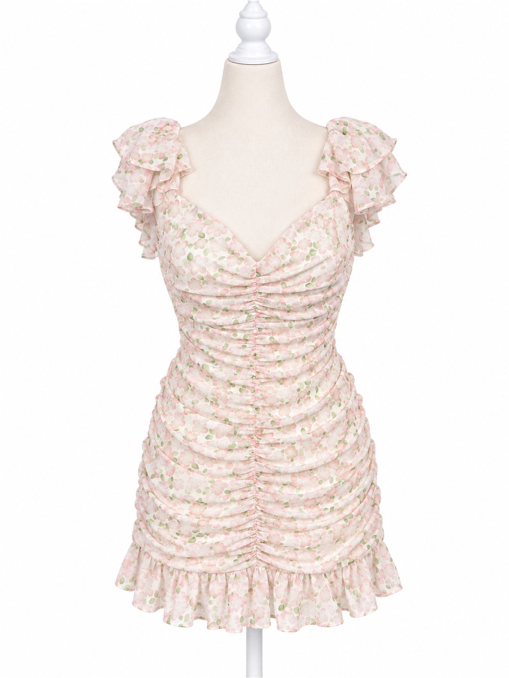 Elodie Floral Ruched Mini Dress Womens Small Pink Ruffle Sleeve Cottagecore